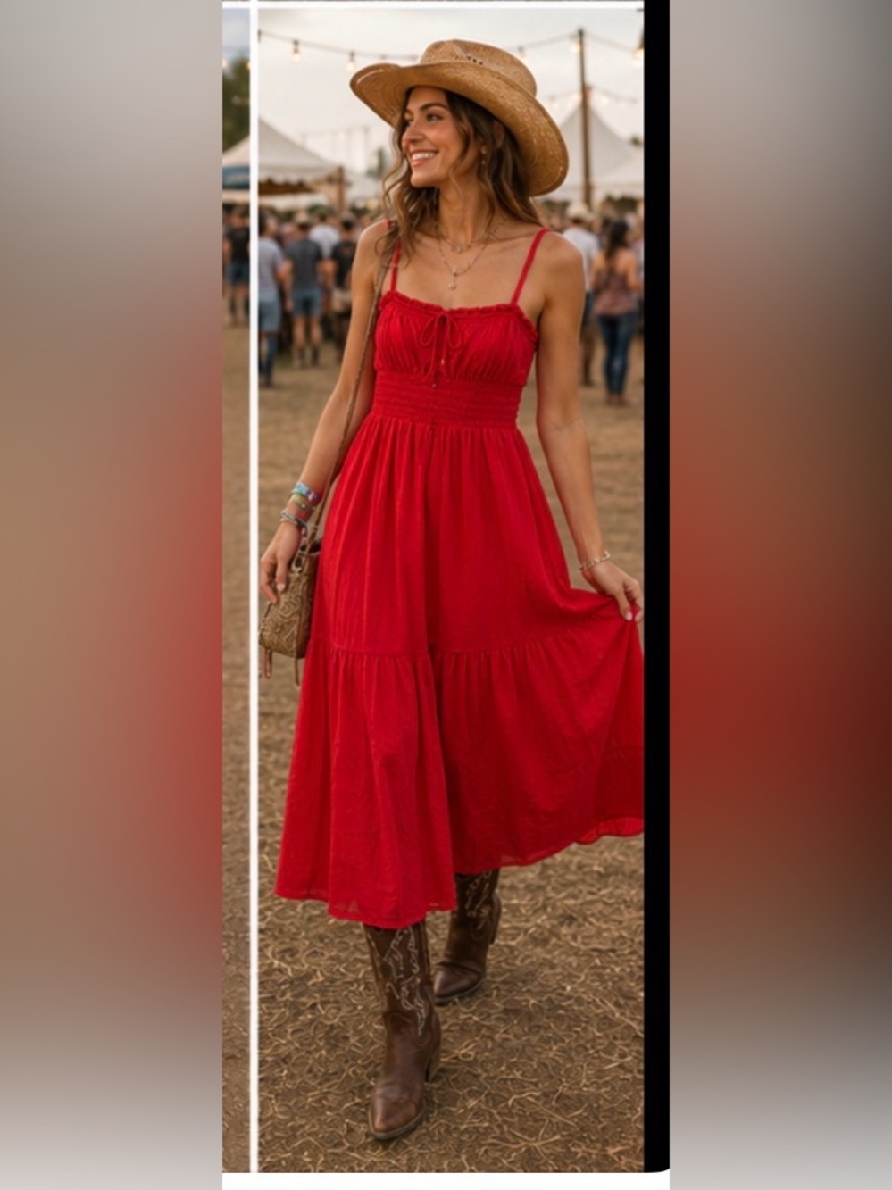 Japna Red Smocked Midi Dress with Spaghetti Straps